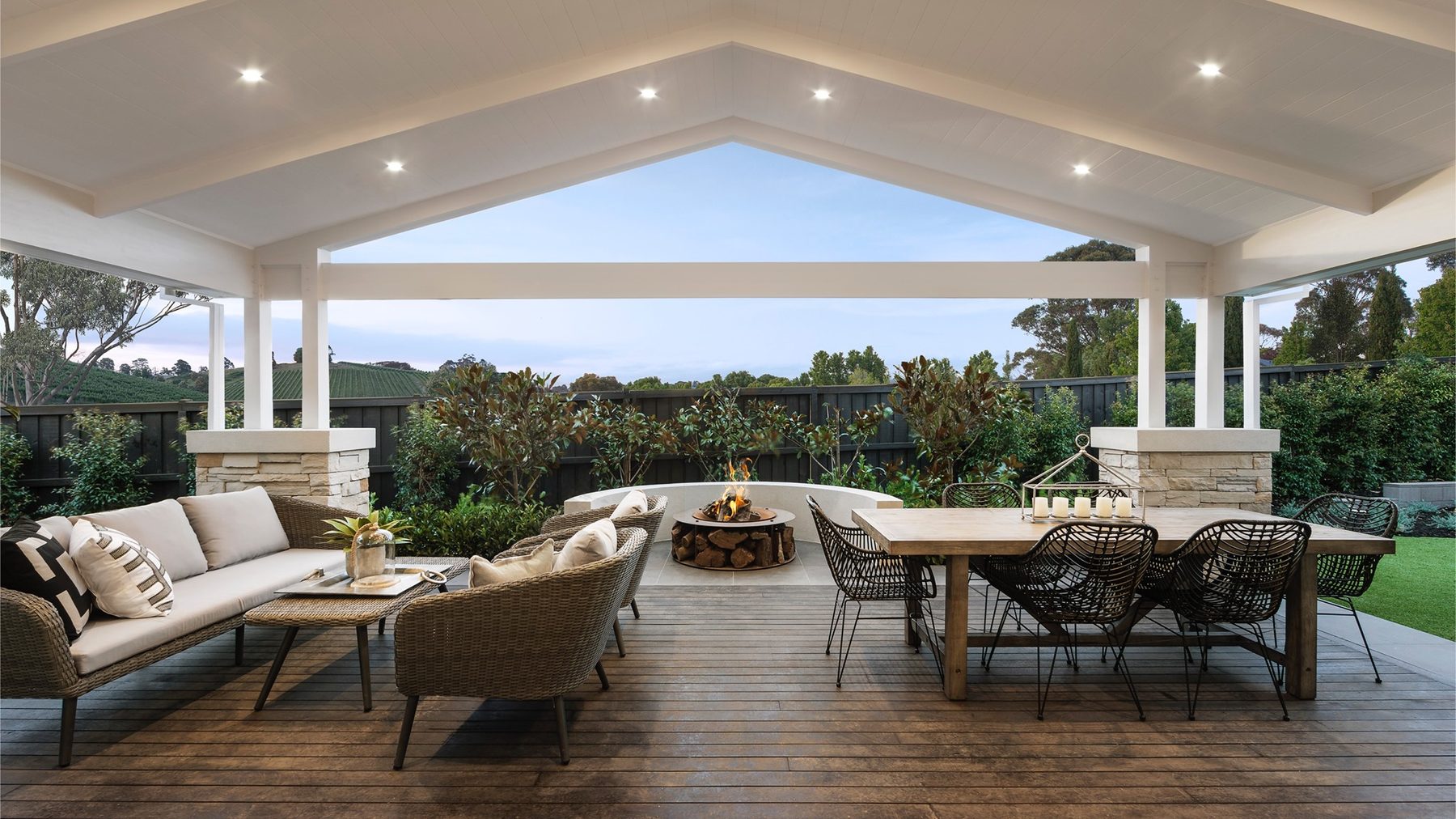 Covered alfresco entertaining area with outdoor lounge and dining